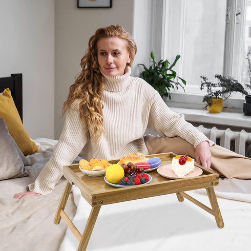 VaeFae Acacia Bed Table Tray, Wooden Breakfast Tray with Folding Legs, Bed Tray for Eating and Laptop, Eating Trays