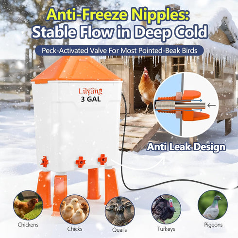3 250W Lilyang Heated Chicken Waterer Gallon, Chicken Water Heater with Thermostat Control, Freeze-Proof Poultry