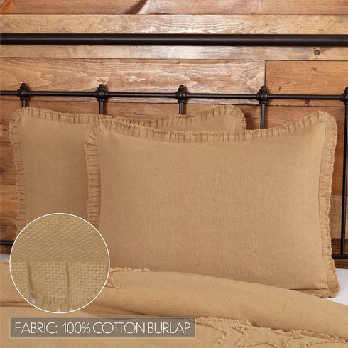 VHC Brands Burlap Pillow Sham Cover with Fringed Ruffle, Cotton Farmhouse Decor, Button