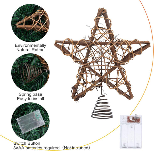 LAWOHO 10-inch Rustic Brown Rattan Christmas Tree Topper Star with 10 Warm White Lights and Timer Functions