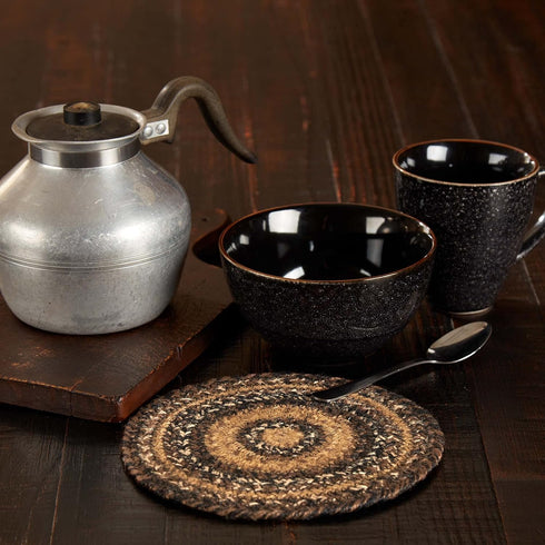 VHC Brands Round Circle Trivet Hot Pad, 8 Inches, Brown Black Tan, Jute Blend for Pots and Pans