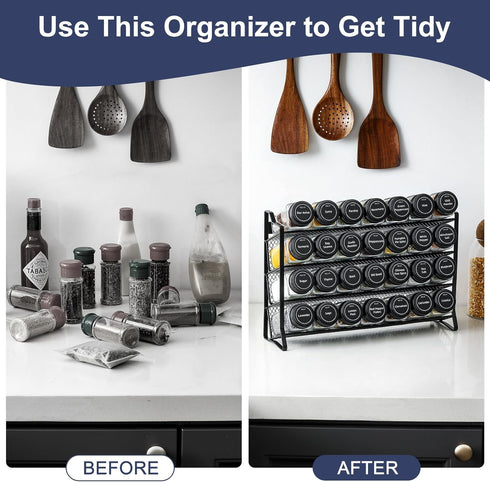 AOZITA 28 Countertop, Spice Rack Organizer for Cabinet, Spice Organizer with Empty Spice Jars with Black Lids, Funnel