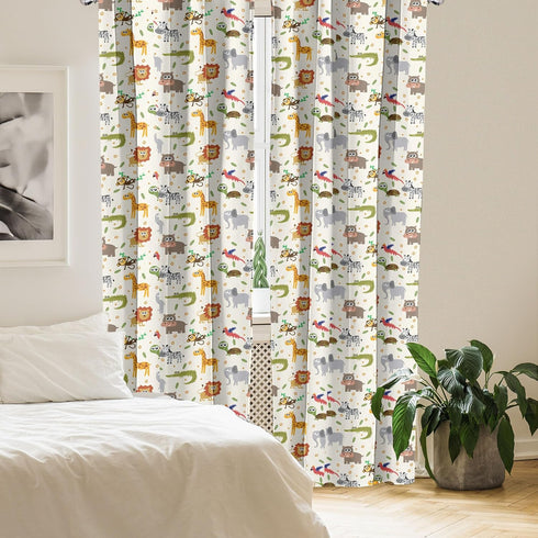 Ambesonne Cartoon Animal Window Curtains, 2-Panel Set with Rod Pocket, Savannah Lion Crocodile Pattern, 28" x 63",