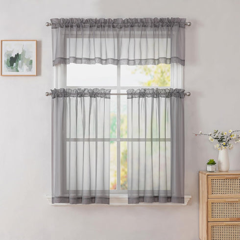 Grey Valances 14 Inches Long for Living Room, 2 Panel Light Filtering Sheer Toppers for Window