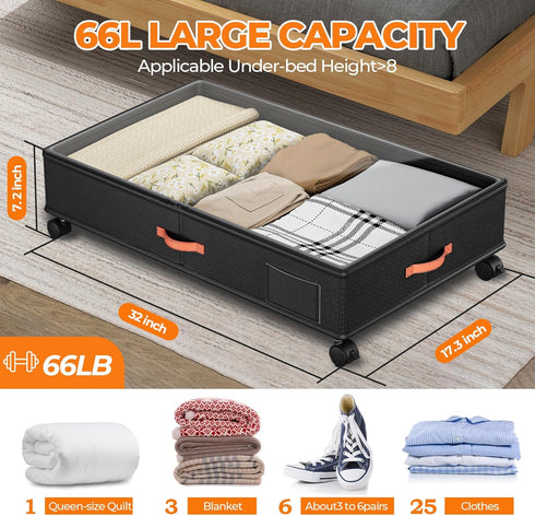 Wheels,2-Pack Under Bed Storage with Under Bed Storage Containers with Clear Lids,XXL Large Under the Bed Storage