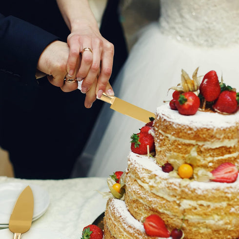 Wedding Cake Knife and Server Set, Gold Cake Cutter and Pie Spatula with Crystal Handles