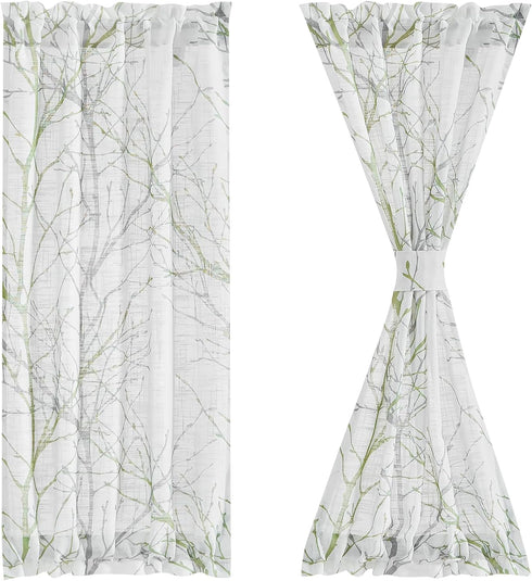 FMFUNCTEX Green White Sheer French Door Curtains 40 Inches Long, 50 Inches Wide, 1 Panel with Tieback, Branch Tree Print