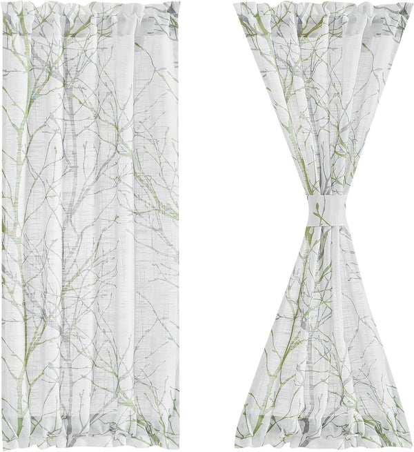 FMFUNCTEX Green White Sheer French Door Curtains 40 Inches Long, 50 Inches Wide, 1 Panel with Tieback, Branch Tree Print