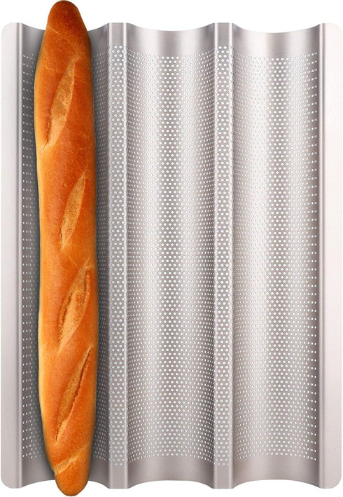 Golden Baguette Pan, Nonstick Long French Bread Pan Mold, 3 Slots Perforated Italian Baking Pan for French Bread
