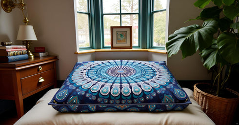 24" 24" INDIAN CRAFT CASTLE Blue Peacock Mandala Barmeri Large Floor Pillow Cover Cushion Meditation Seating Ottoman