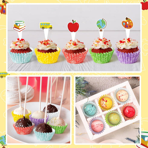 300pcs Back to School Cupcake Liners, Mini Cake Baking Cups with Toppers for First Day of School (6 Styles).