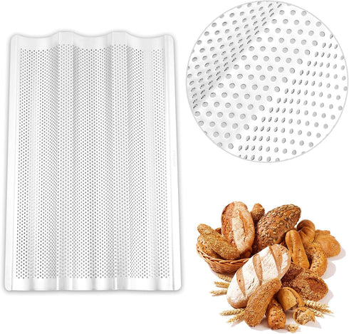 Stainless Steel Perforated Baguette Bread Pan, 15"x10" Loaf Pans for Baking, 3 Waves Toaster Oven Baking Tray (1 Pack)