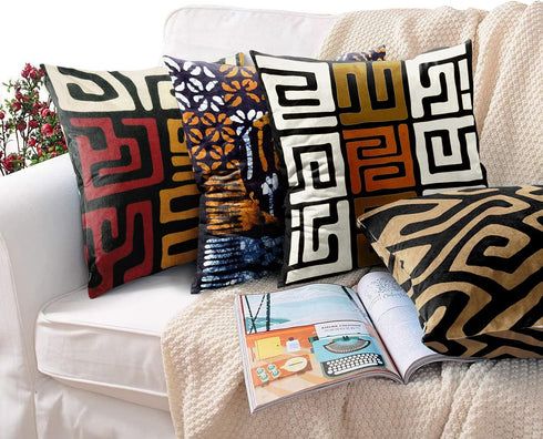ArtSocket Set of 4 Throw Pillow Covers - Orange Tribal Kuba Inspired, Earth Colors Geometric Ethnic 18x18 Inches