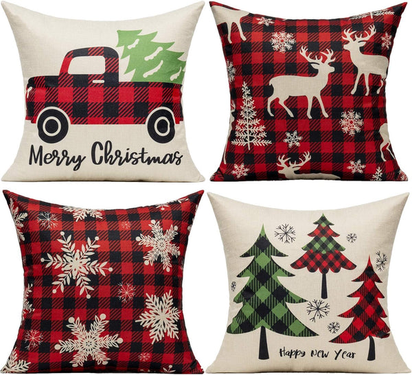 VAKADO Farmhouse Christmas Throw Pillow Covers - 20x20 Set of Buffalo Check Red Deer Plaids for Winter Decor