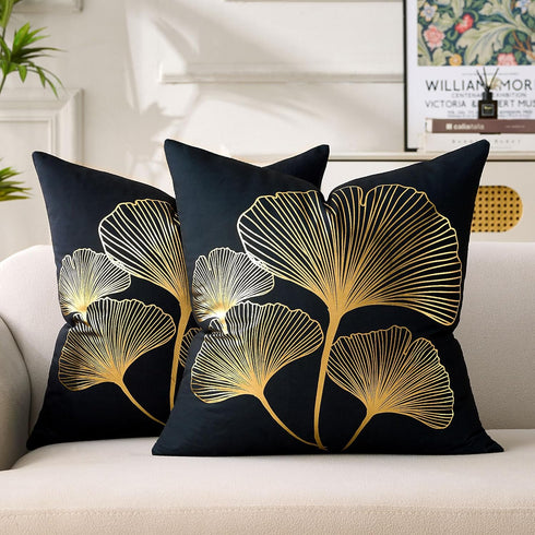 BONSTRAP Black Decorative Throw Pillow Covers Gold Line Ginkgo Cushion Covers 20x20 Plant