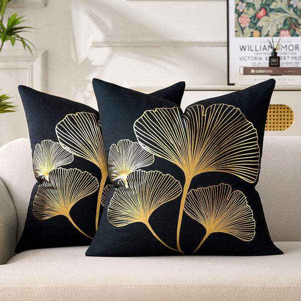 BONSTRAP Black Decorative Throw Pillow Covers Gold Line Ginkgo Cushion Covers 20x20 Plant