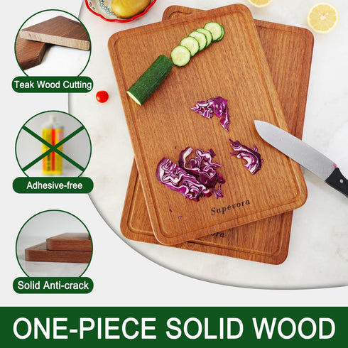Sapevora Set 15.7x11.2&11.8X7.9IN Solid Teak Wood Cutting Board One Piece Non Glued Large Thick Crack Resistant Wooden