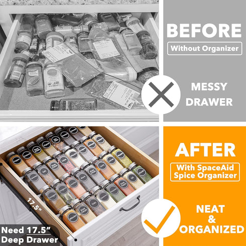 32 386 4 15" 17.5" SpaceAid Spice Drawer Organizer with Spice Jars, Spice Labels, Tier Seasoning Rack Tray Insert