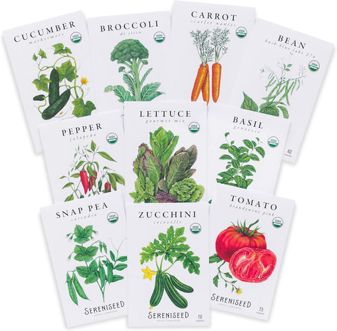 Sereniseed Certified Organic Vegetable Seeds (10-Pack) Non GMO, Open Pollinated - Basil,
