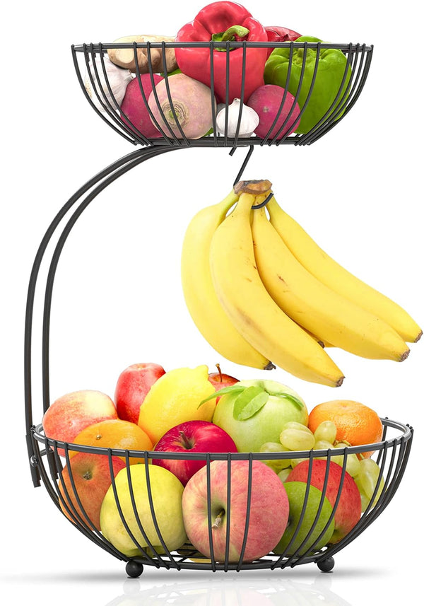 RICCLE Double Layer Metal Wire Fruit Basket with Banana Hanger for Kitchen Countertop, Produce and Vegetables Holder