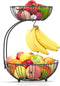 RICCLE Double Layer Metal Wire Fruit Basket with Banana Hanger for Kitchen Countertop, Produce and Vegetables Holder