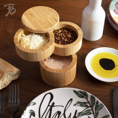 Totally Bamboo Triple Salt Cellar, 3 Tier Bamboo Kitchen Salt and Pepper Storage Box
