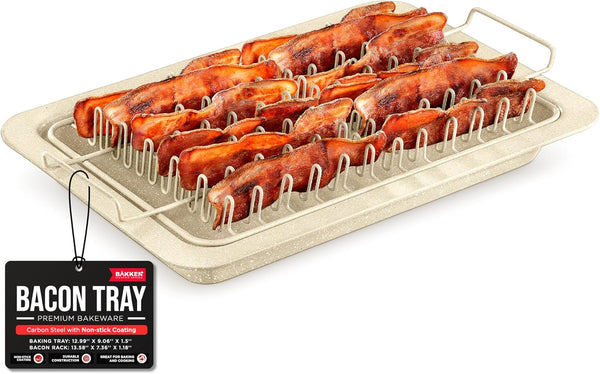 Bacon Tray - 2-Piece Set, Durable Non-Stick Cooking Tray for Bacon, White Stone Tray and Carbon Steel