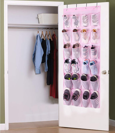 MISSLO Kids Shoe Organizer, Pink Room Decor, 24 Large Mesh Pockets, Over the Door Hanging Storage for Toddler Girl
