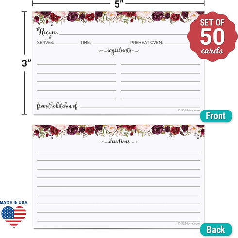 321Done Recipe Cards (Set of 50) Small Floral 3" x 5" - Double-Sided for Weddings, Bridal Shower - Made in USA - Watercolor Red Roses, White From the Kitchen Of by 321Done