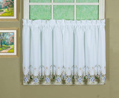 Today's Curtain Verona Reverse Embroidery Tier - 36", White/Blue, 60" W x 36" L
