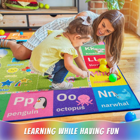 Macgace 4x6 ABC Kids Rug for Playroom, Washable Classroom Area Rugs, Toddler Educational Play Mat with Alphabet Numbers
