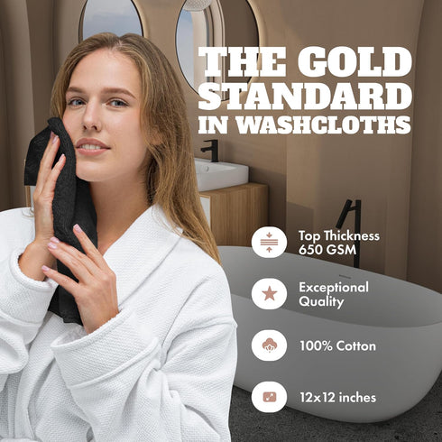 24 Pack 600 100% 12x12 Inches White Classic Wealuxe Black Washcloths - GSM Ring-Spun Cotton Wash Cloths for Showering