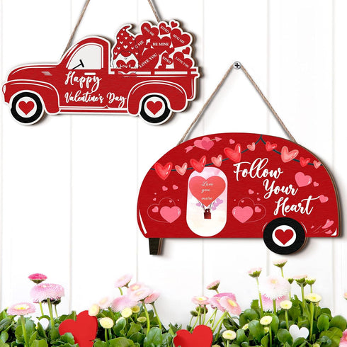 2 Pieces Valentine's Day Decor - Valentine's Day Heart Sign, Wooden Wall Decor, Happy Valentine's Day Truck Hanging