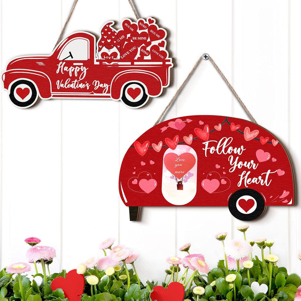 2 Pieces Valentine's Day Decor - Valentine's Day Heart Sign, Wooden Wall Decor, Happy Valentine's Day Truck Hanging