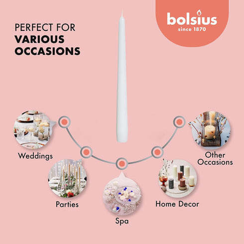 BOLSIUS 20 Count Unscented 10 Inch White Taper Candles - Premium Quality, Smokeless, Dripless