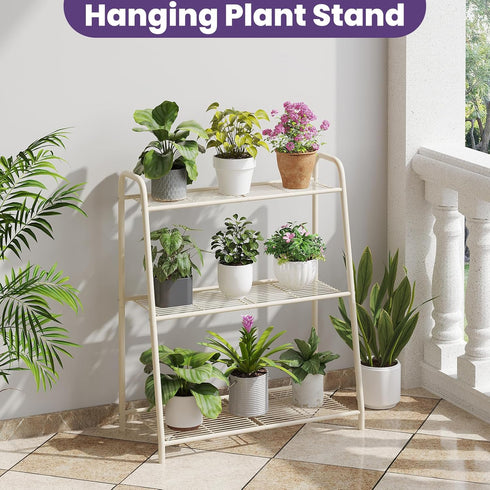 Wieghda 3-Tier 3 Corner Plant Stand, Metal Black Flower Pot Rack, Indoor Outdoor Heavy Duty Shelf (Cream, Tier)