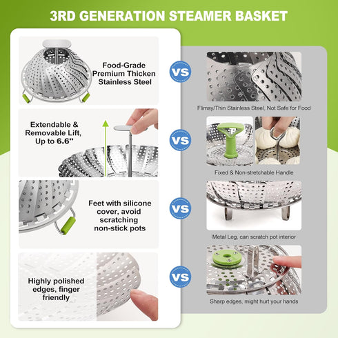 Steamer Basket, 3rd Generation Stainless Steel Vegetable Steamer with Extendable Handle for Instant Pot