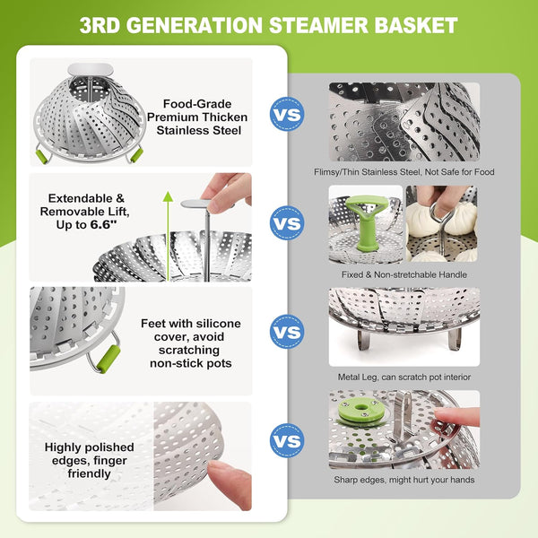 Steamer Basket, 3rd Generation Stainless Steel Vegetable Steamer with Extendable Handle for Instant Pot