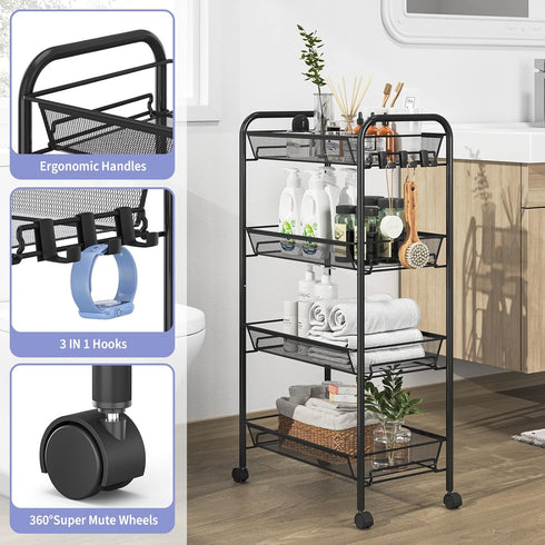 4-Tier 3 TOOLF Rolling Cart, Metal Utility Cart with Hooks, Easy Assemble Mobile Storage Trolley On Wheels, Metal
