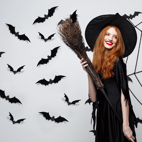 TDHDIKE 64 Pcs Halloween Decorations Black Bats Wall Decor, Reusable PVC 3D Stickers for Indoor Outdoor Party Decor