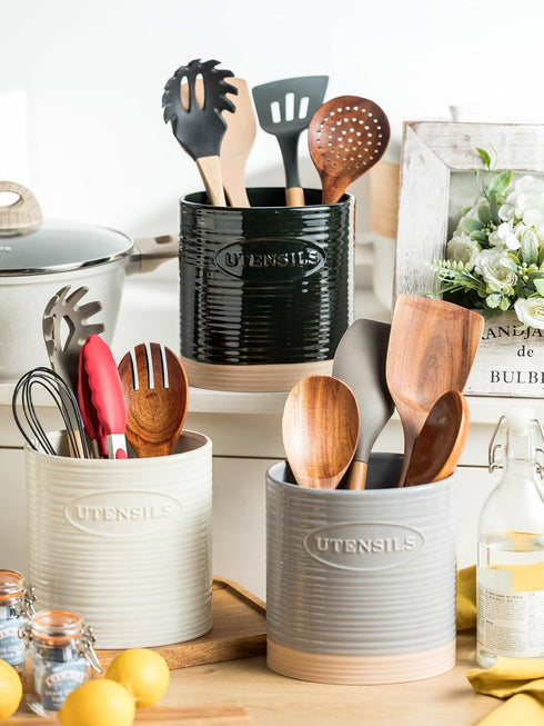YHOSSEUN Black Ceramic Utensil Holder, 6.7" Kitchen Counter Caddy for Tools, Oval Shape Utensil Storage