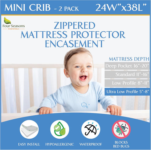 2 Pack Mini Crib Mattress Protector Waterproof Zippered Encasement Cover for Baby,