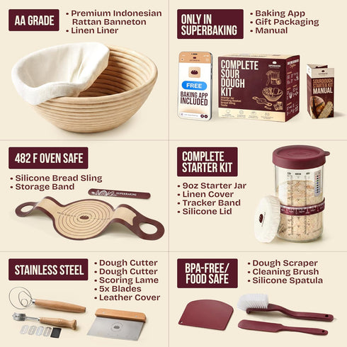 9" Set Superbaking Sourdough Starter Kit, Splinter-Free Banneton Bread Proofing Basket with Non-Stick Silicone Dough