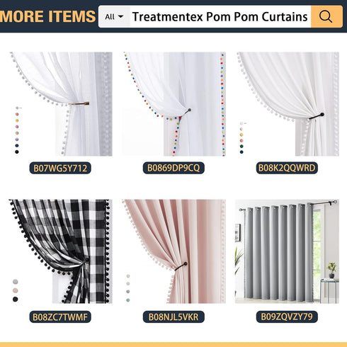 Treatmentex Pompom Window Curtain Panels, Natural 45" Long Ivory Curtain Drapes for Small Windows