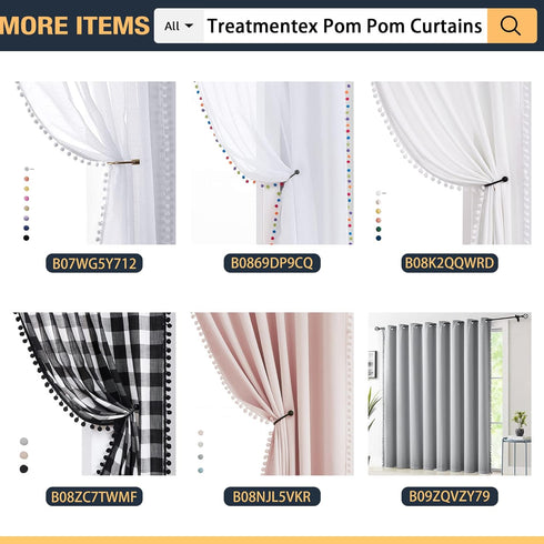 Treatmentex Pom Pom Linen Sheer Curtains for Living Room, 63 inches Length, 52" w x 2 Pack, Beige
