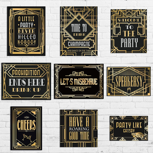 LINGXIU 9 Pieces Roaring 20s Party Decorations, Black and Gold Retro Jazz Wall Signs Kit for 1920s Speakeasy