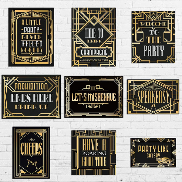 LINGXIU 9 Pieces Roaring 20s Party Decorations, Black and Gold Retro Jazz Wall Signs Kit for 1920s Speakeasy