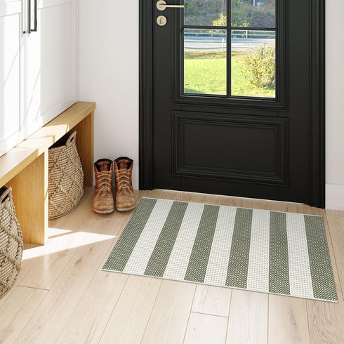 OJIA Front Door Mat, 24"x35" Green Striped Checkered Rug, Washable Indoor Outdoor Rug for Kitchen Entryway Patio