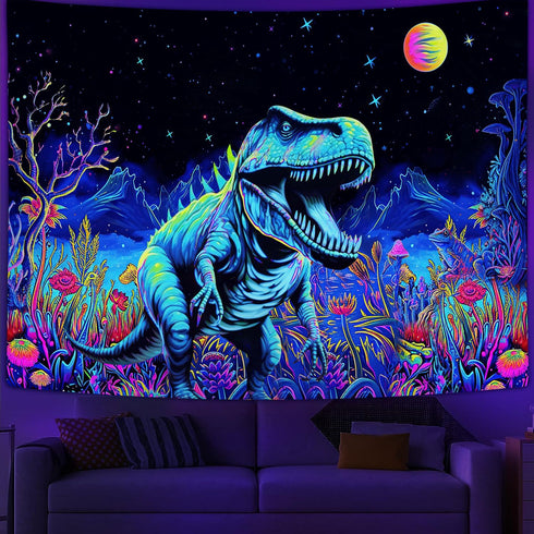 Blacklight Dinosaur Tapestry, Neon Funny Dino Frog Mountain Art UV Reactive Tapestries for Bedroom Boys Kids Decor