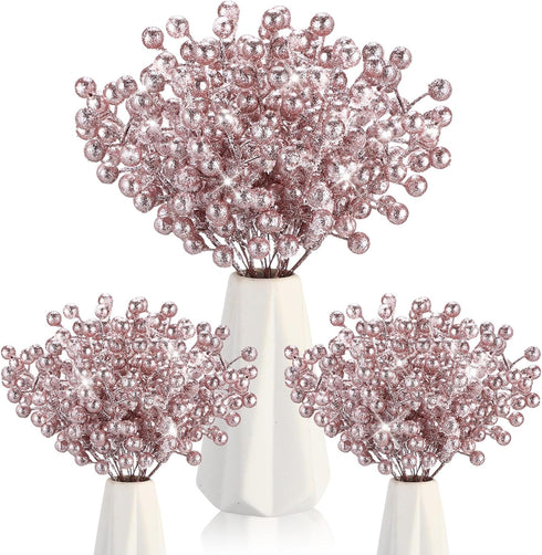Geosar 30 Pieces Artificial Christmas Berry Picks with Snowflake Glitter Artificial Holly